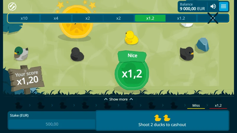 Exploding Ducks – sėkmingas šūvis su x1.2 daugikliu